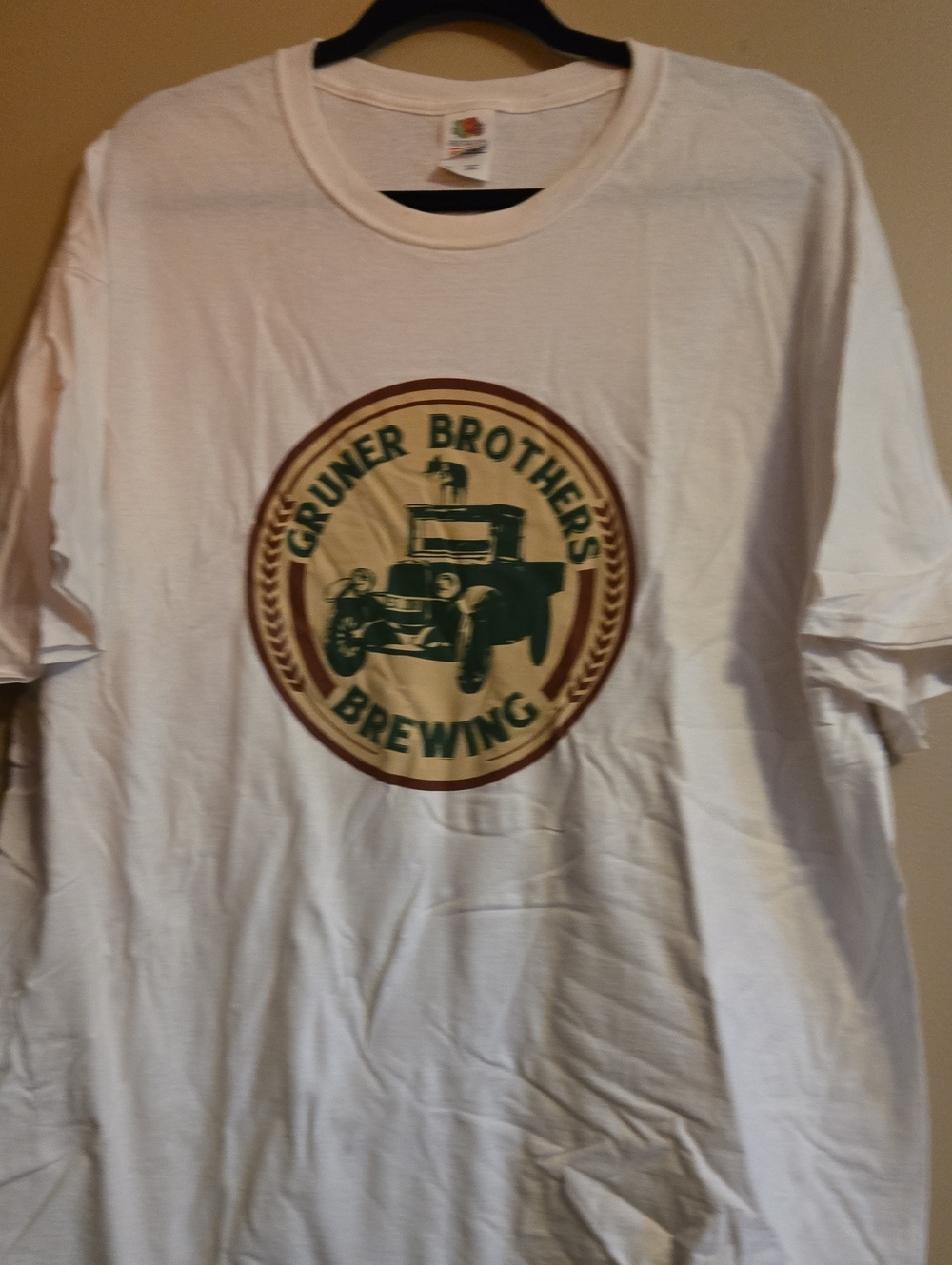 Fruit of the Loom White T‑Shirt with Green and Tan Brewery Logo